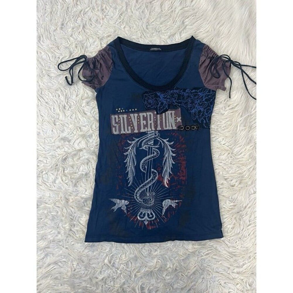 Libertalia Vintage Grunge Women’s Studded Embellished Blue Graphic T-shirt Large